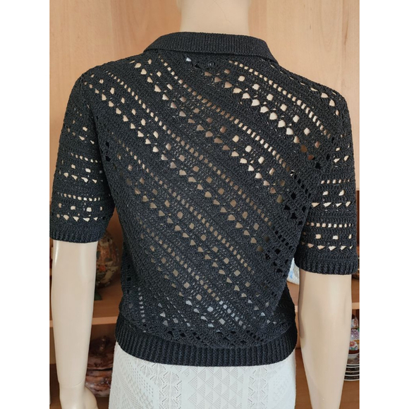 ALTUZARRA Black Crochet Short Sleeve Polo Top S - Picture 2 of 5
